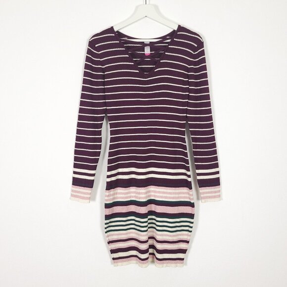 Maroon Striped Long Sleeve Ribbed Dress - Picture 1 of 6